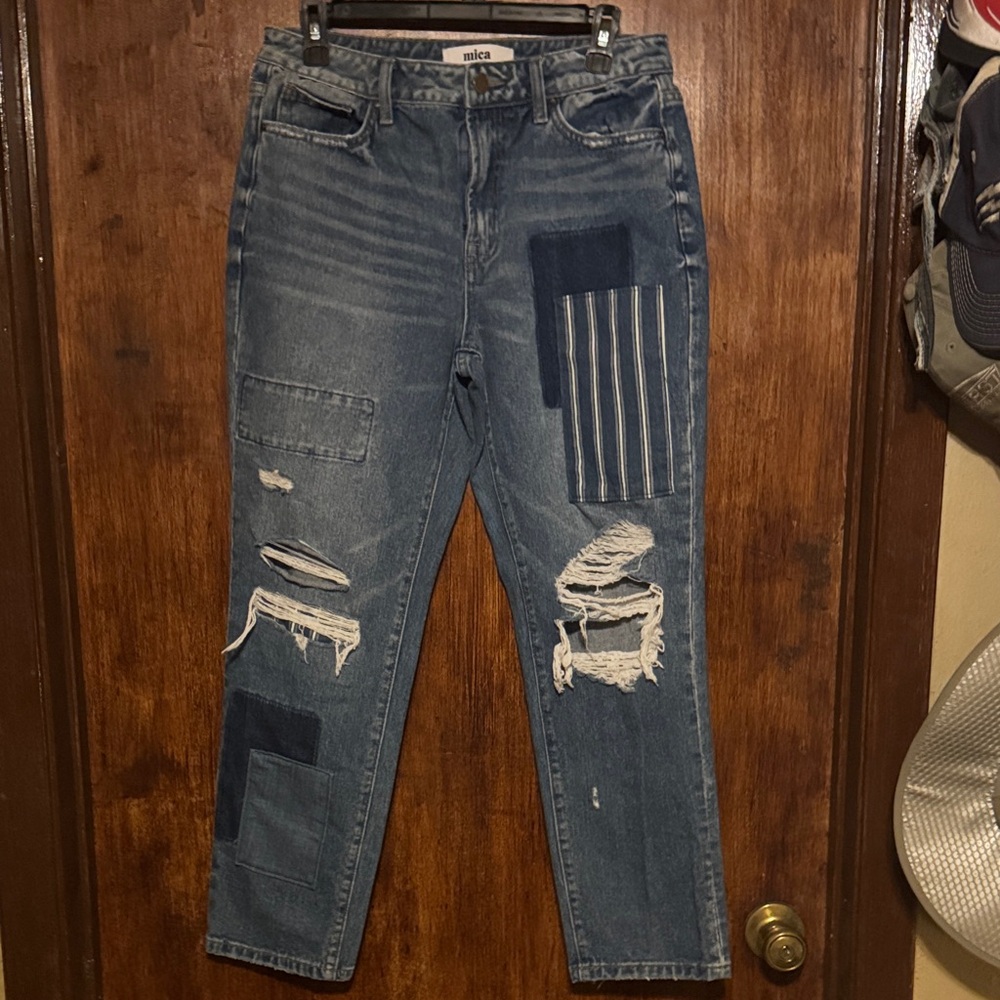 Distressed Patchwork Blue Mica Jeans